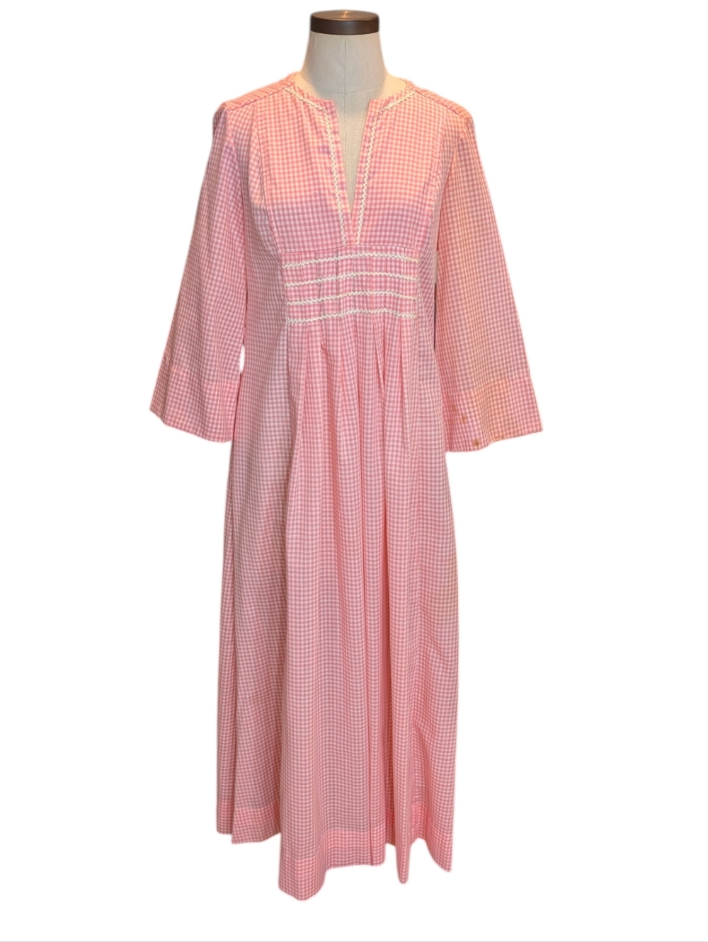 Vintage 70s Smart Time Pink And White Gingham Prairie Zip Up Maxi Dress.